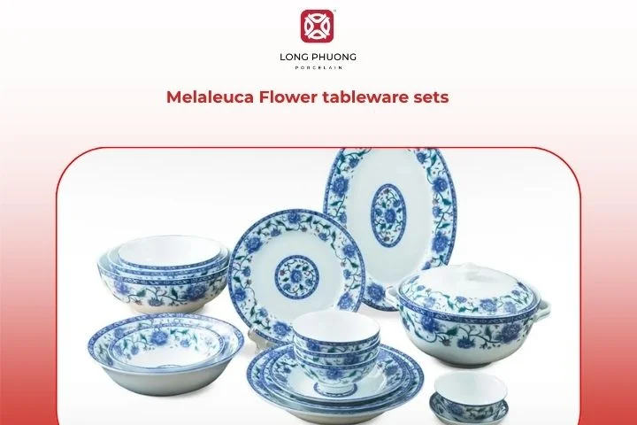 Melaleuca Flower set arranged neatly on a wooden dining table, showcasing its natural leaf pattern and calming tones