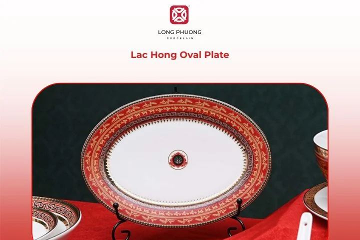 Oval porcelain plate serving grilled meat and herbs in Vietnamese style