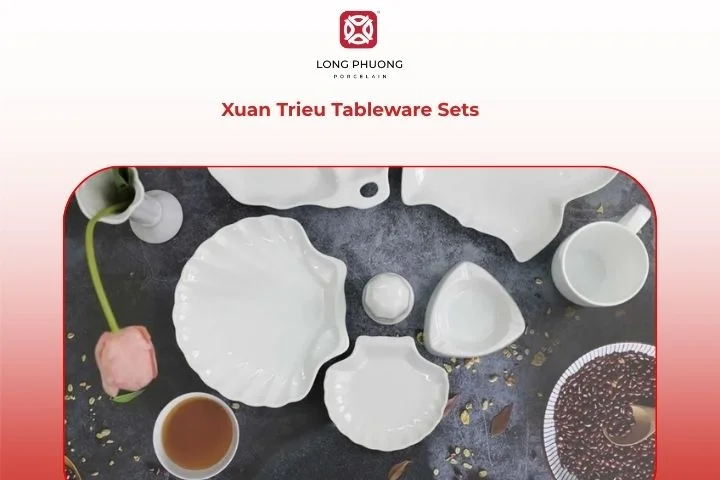 Xuan Trieu porcelain dinner set with bright white glaze and subtle traditional motifs