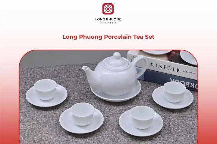 Classic Long Phuong white porcelain teapot and cups set for everyday tea