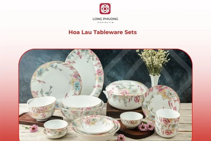 Hoa Lau porcelain dinner set with elegant white base and soft wild grass floral designs in gentle colors.