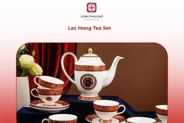 Lac Hong Tea Set symbolizing peace and longevity, set against a smooth glossy finish