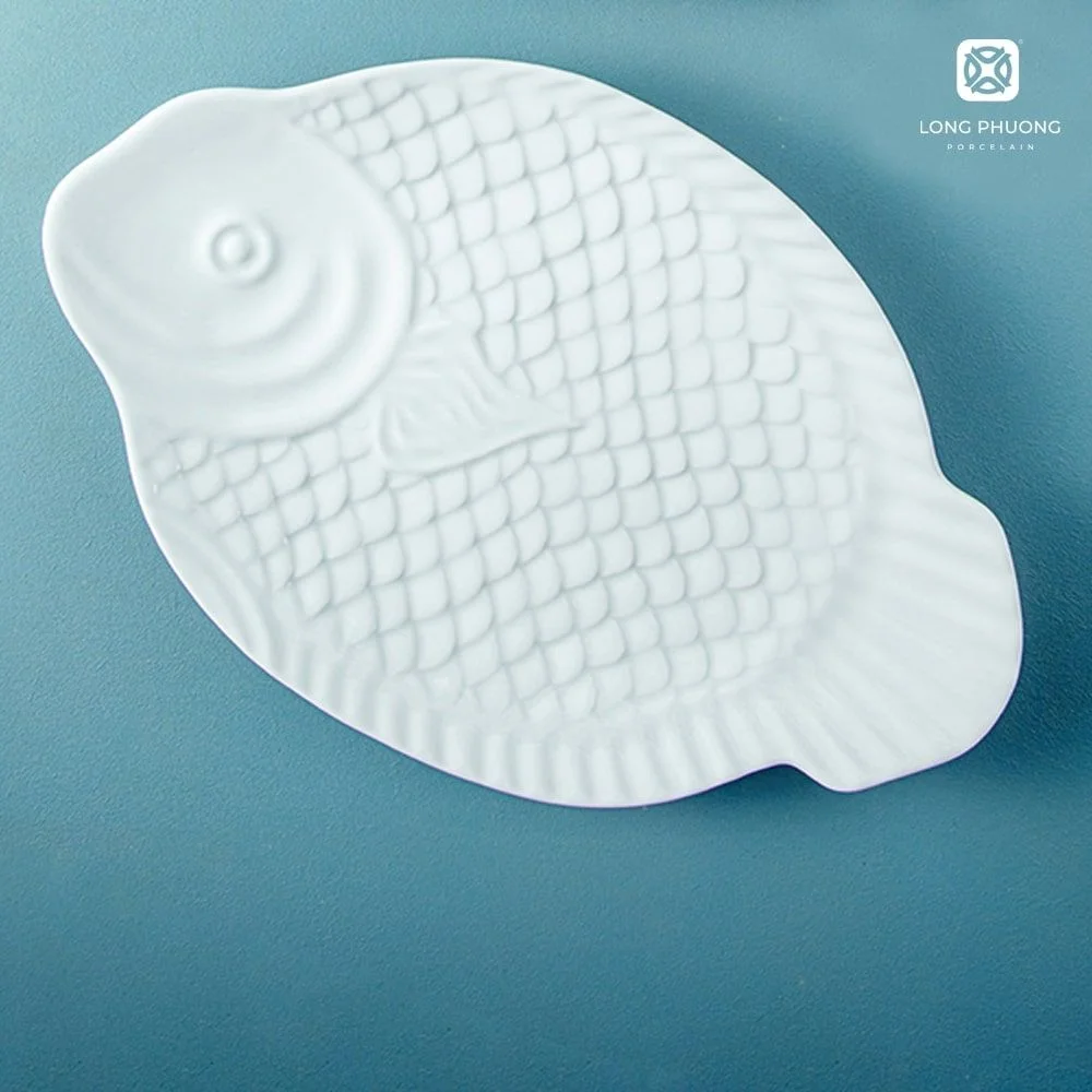 Pink-Fish-Shaped-Plate (4) Pink fish-shaped plates 12” - 16” by Long Phuong Porcelain