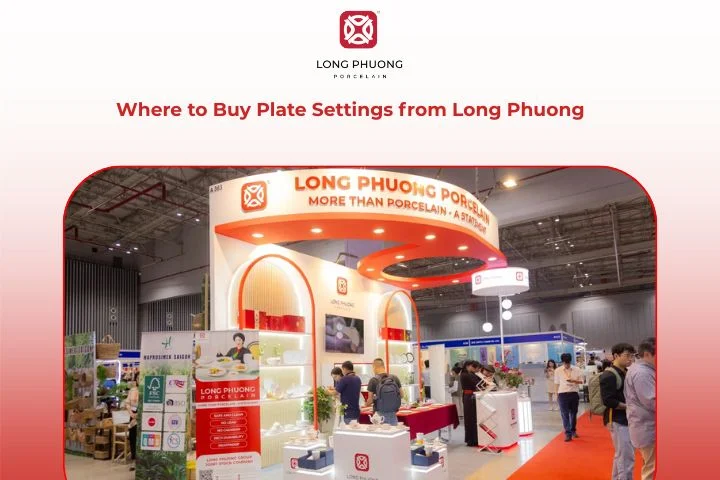 Long Phuong showroom, with shelves displaying elegant porcelain dinner sets arranged by size and style