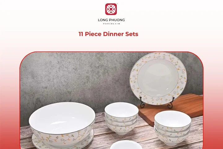 11 Piece Dinner Set with balanced white tones and clean lines, placed on a light-colored tablecloth for a soft, inviting feel.