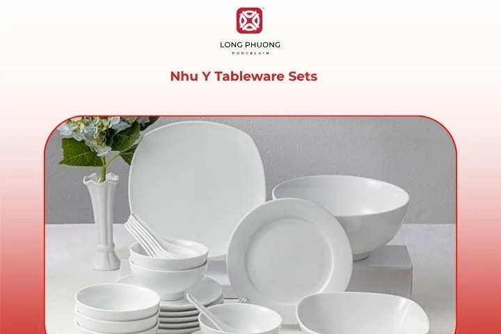 Nhu Y tableware set with smooth white porcelain and soft, traditional decorative motifs