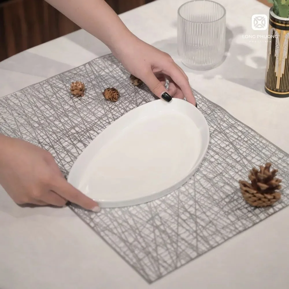 Shallow-Oval-Plate (3) Shallow oval plates 10” by Long Phuong Porcelain