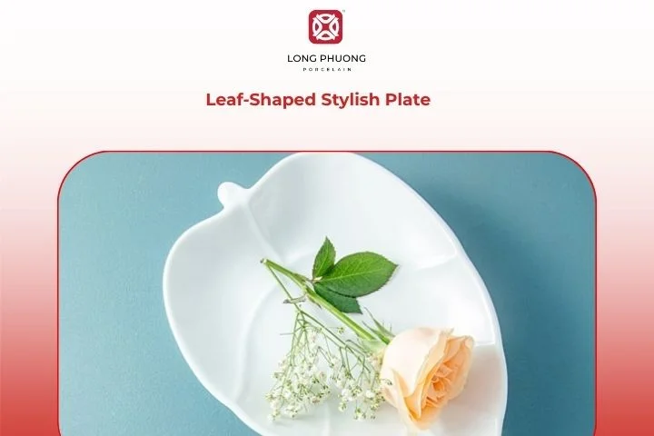 Leaf-shaped porcelain plate showcasing colorful