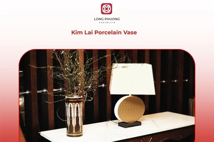 Kim Lai porcelain vase placed on a wooden shelf with bright sunflowers and a minimalistic backdrop