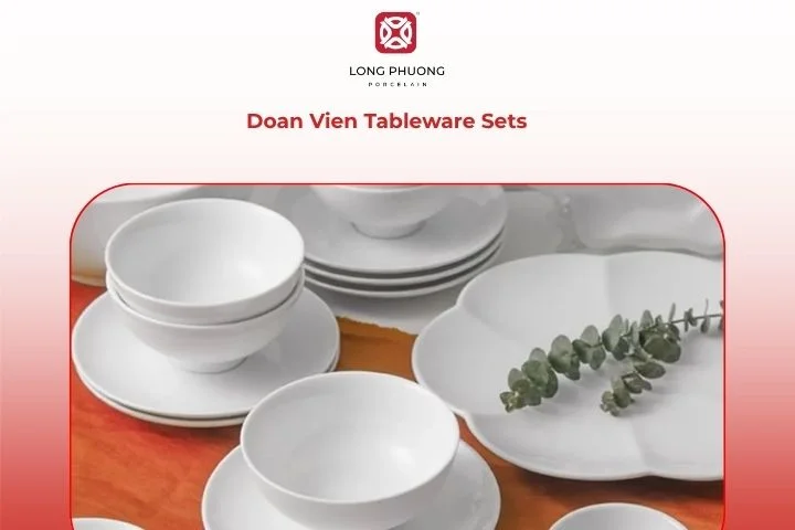 Pure white Doan Vien porcelain dinner set with rounded edges and soft, glossy finish.