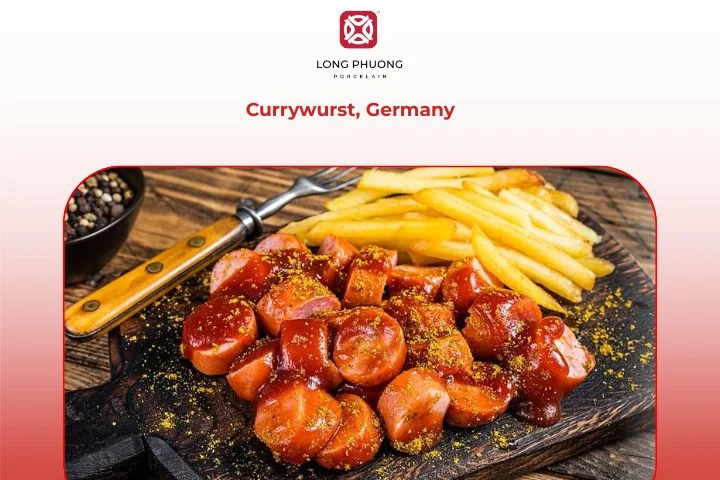 German Currywurst with curry ketchup and roasted potatoes