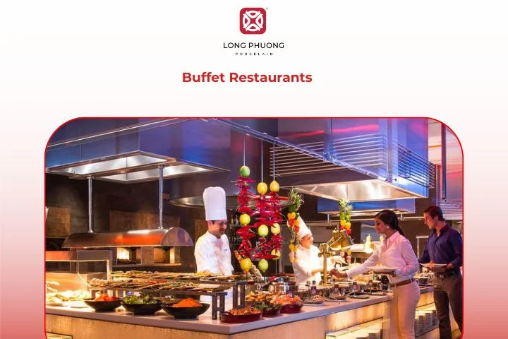 Buffet restaurant with all-you-can-eat dishes on self-service counters