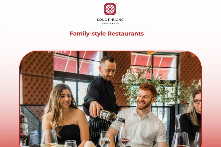 Family-style restaurant with large platters of shared food on the table