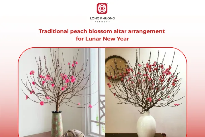 Peach blossom arrangements for the ancestral altar during Tet