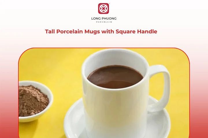 Tall porcelain mugs with unique square handle design
