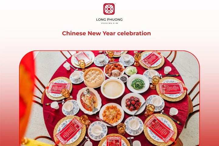 A vibrant table filled with porcelain dishes and lucky fruits welcomes a prosperous new year