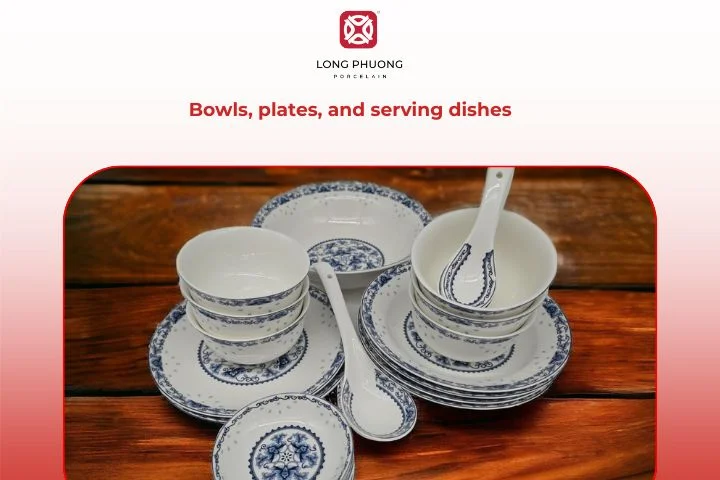Porcelain bowls and dishes create a refined base that elevates every meal experience.
