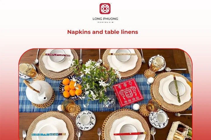 Soft linens and neatly folded napkins add warmth and grace to the porcelain dinnerware