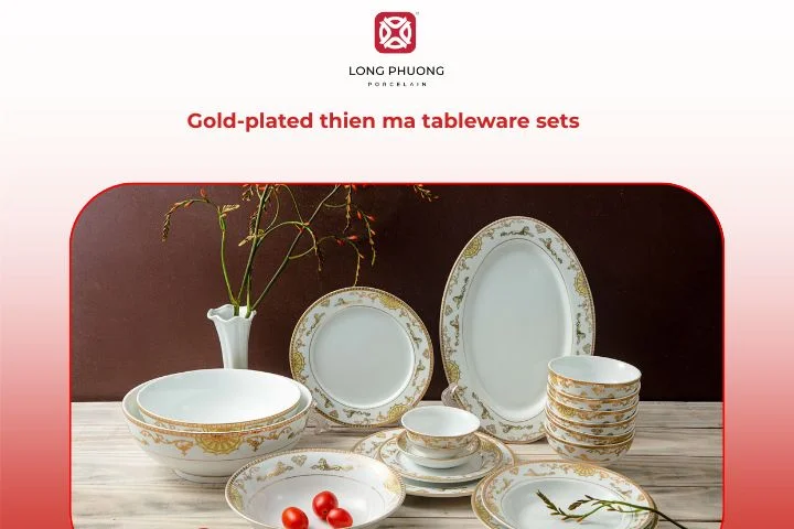 The Thien Ma porcelain collection shines with graceful gold detailing