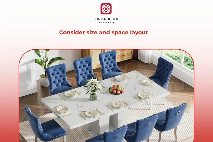 An elegant dining room designed with perfect spacing around an 8-seat table