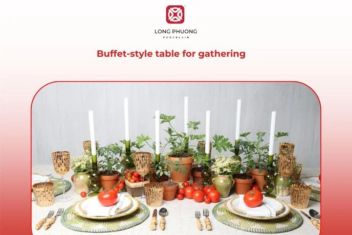 A buffet-style dining setup for 8 featuring premium porcelain serveware
