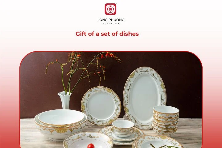 A porcelain dinnerware set symbolizes prosperity and appreciation in business gifting.