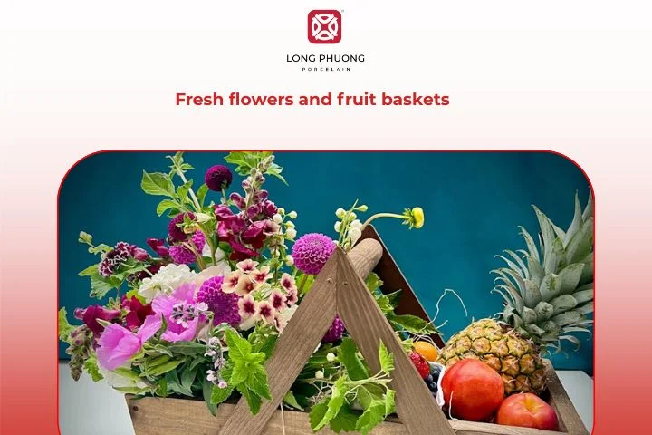 A colorful basket of flowers and fruits conveys prosperity and heartfelt wishes.