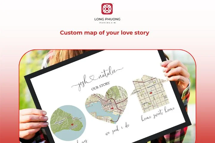 A custom map print celebrates key moments in your love journey together.