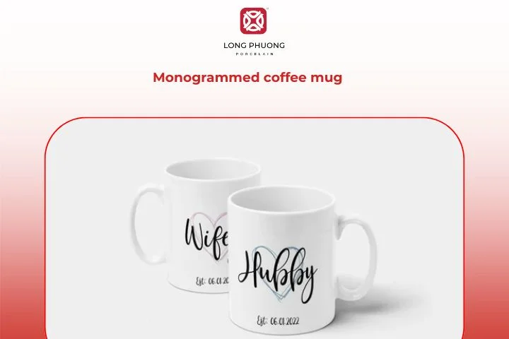 A monogrammed porcelain coffee mug adds luxury and sophistication to his workspace.
