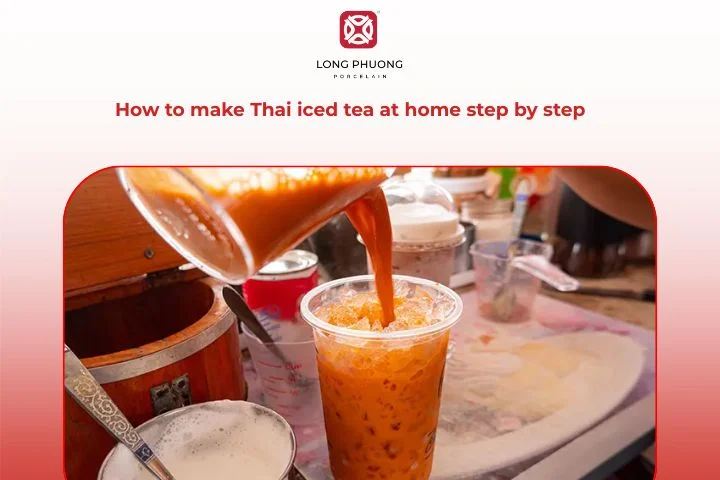 Step-by-step preparation of Thai iced tea with milk poured over ice