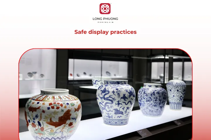 Display Ming presentation porcelain behind glass with soft, non-metal supports