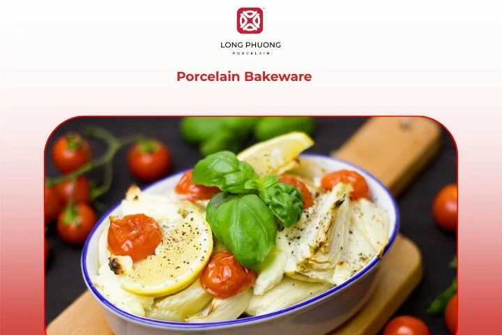 Heat-distributing porcelain bakeware for cakes, casseroles, and baked dishes.