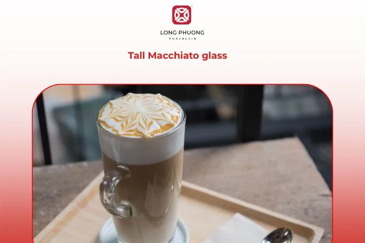 The tall macchiato glass highlights the harmony between espresso and milk