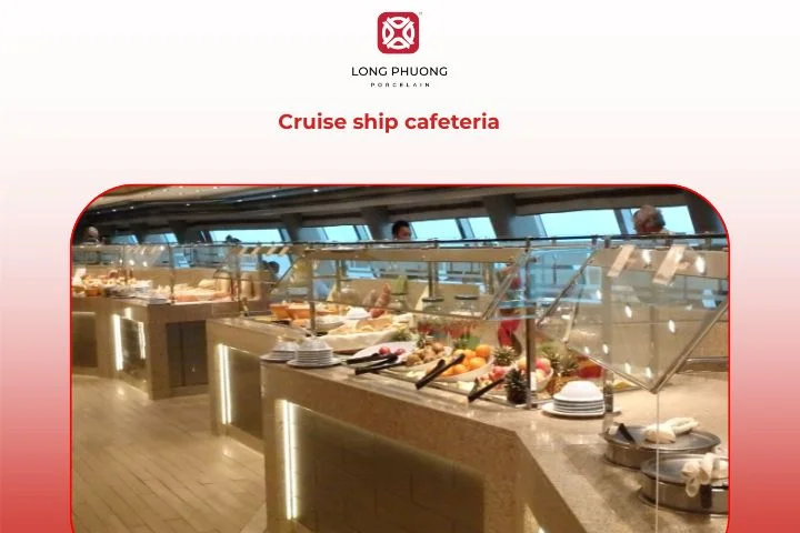 A cruise ship cafeteria providing guests with varied dining options and sea views