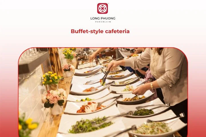 A buffet-style cafeteria filled with self-serve dishes, salads, and desserts