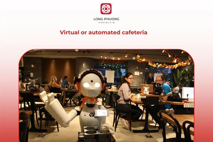 A high-tech cafeteria model where customers order meals through digital systems