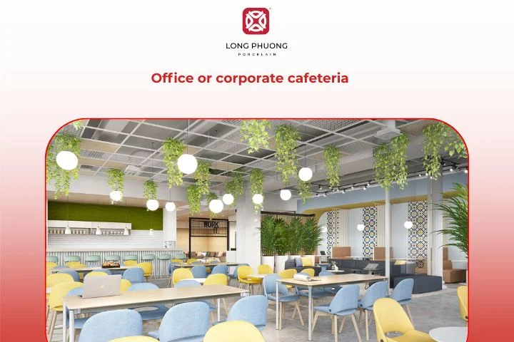 A modern corporate cafeteria where employees enjoy balanced meals and social breaks