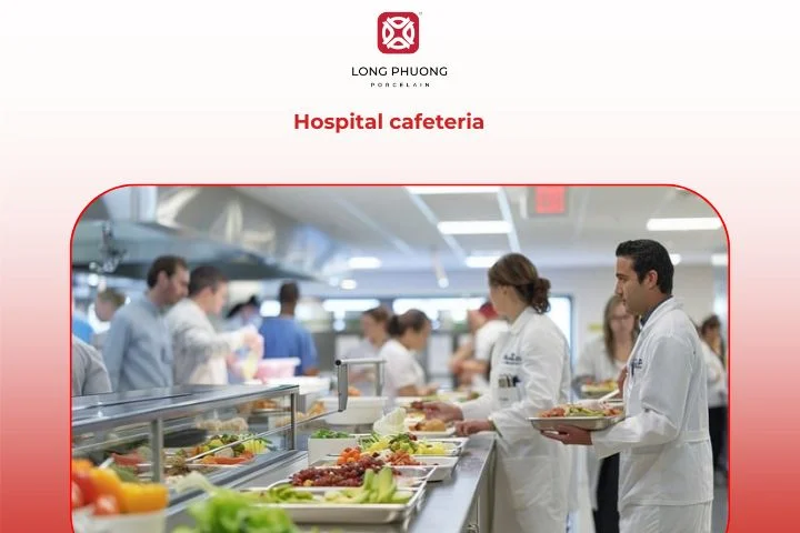 A hospital cafeteria preparing healthy and hygienic meals for patients, staff, and visitors