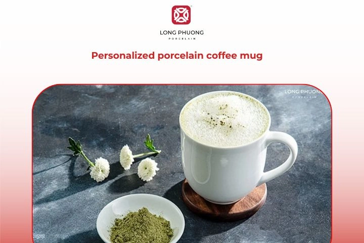 Personalized porcelain coffee mug engraved with initials and anniversary date