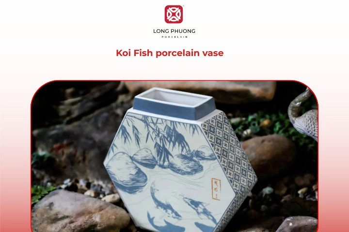 Porcelain vase featuring colorful koi fish design, symbolic 9th anniversary gift