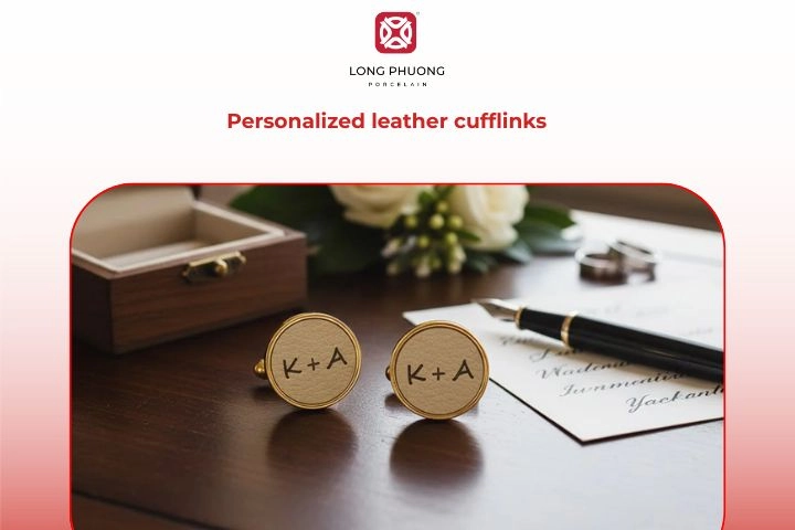 Set of personalized leather cufflinks engraved with initials