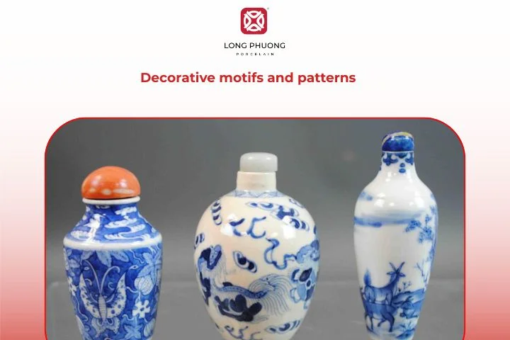 Qing porcelain motifs such as dragons, flowers, and calligraphy
