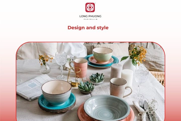 Colorful ceramic tableware with modern patterns on a dining table
