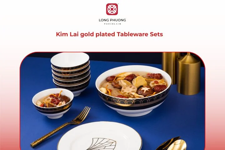 Premium gold-plated tableware from Kim Lai symbolizing luxury and fine dining