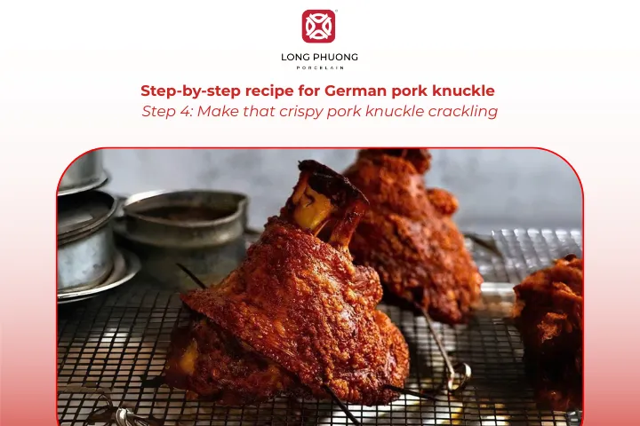 The pork knuckle comes out with perfectly golden crackling and not one spot of chewy skin