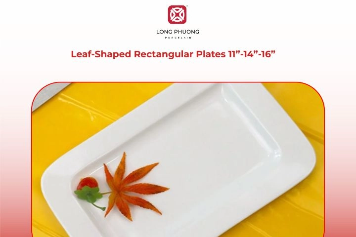 Leaf-shaped rectangular porcelain serving platters in multiple sizes