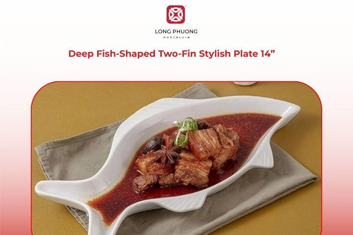 Deep two-fin fish-shaped porcelain platter for fish dishes