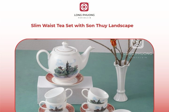 Porcelain slim-waist tea set with Sơn Thủy landscape painting