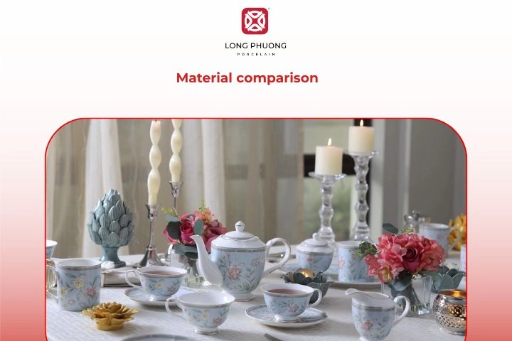 Side-by-side visual comparison of porcelain, ceramic, and glass tea sets