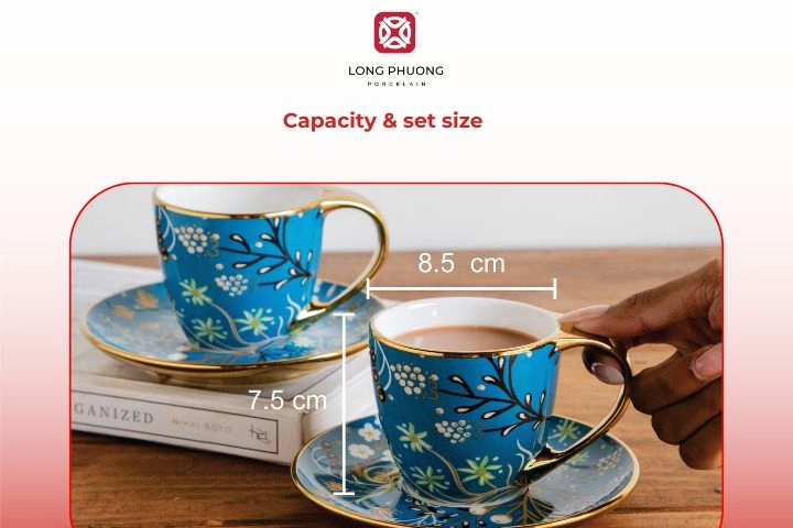 Tea sets in different sizes arranged to show cup count and teapot capacity